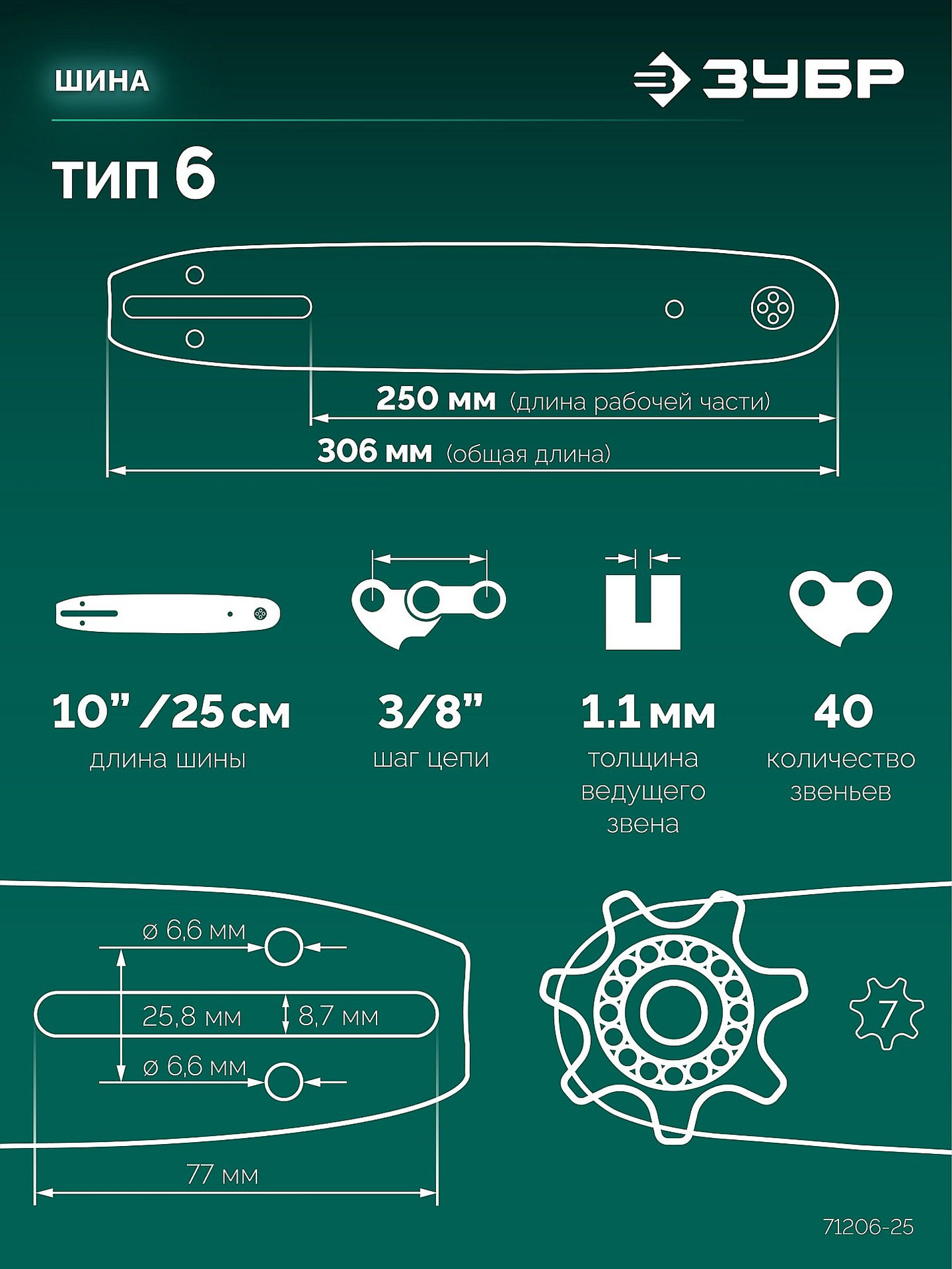 ЗУБР тип 6, 25 см, шаг 3/8?, паз 1.1 мм, 40 звеньев, шина (71206-25)