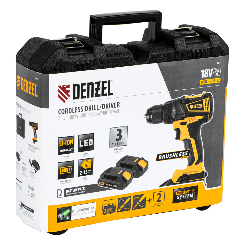 Дрель-шуруповерт аккумуляторная, бесщет. BLDL-IB-18-02, Li-Ion, 18 В, 2 акк. Denzel (26121)