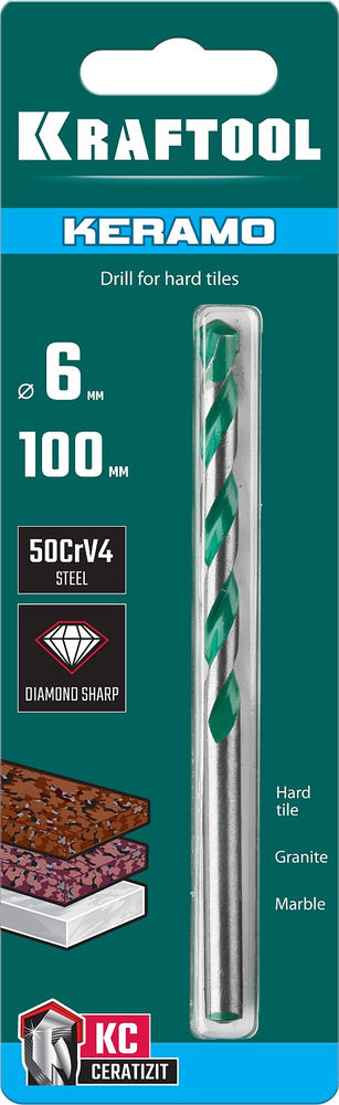 Сверло по керамограниту Keramo, 6 х 100 мм, тв.сплав КС KRAFTOOL 29175-100-6