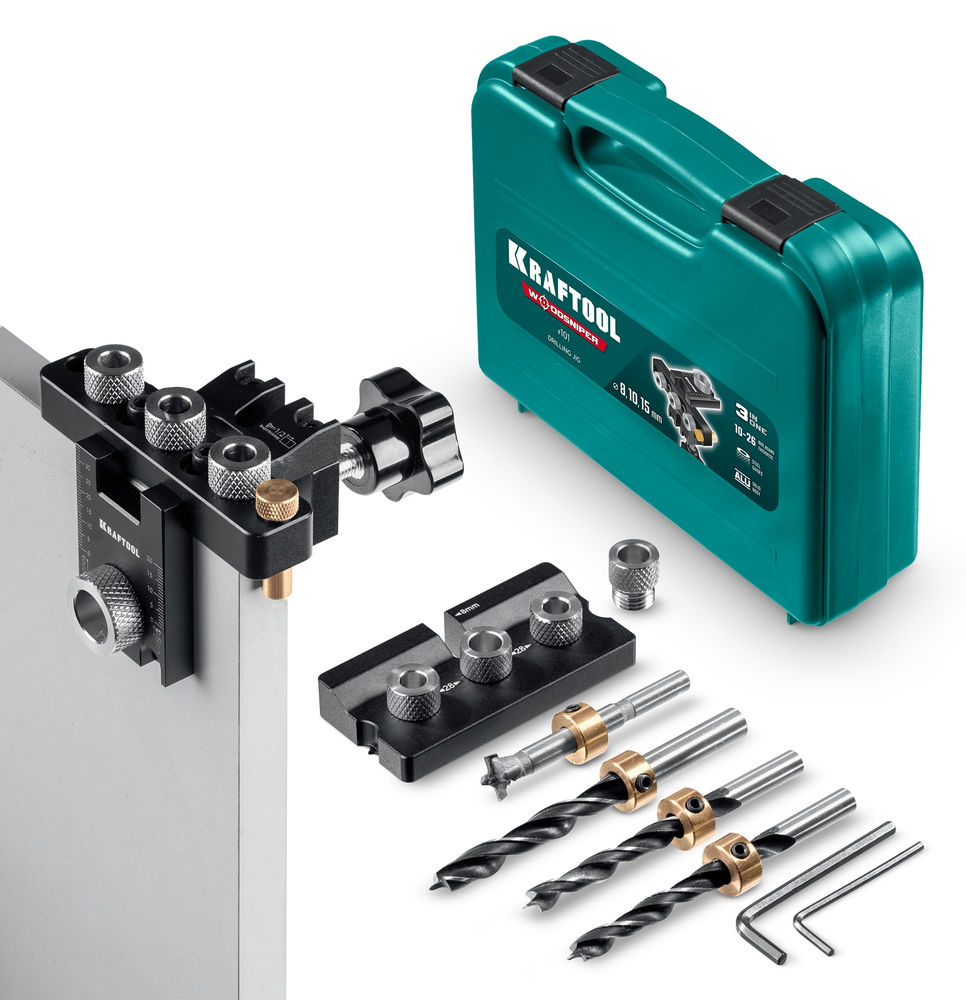 Кондуктор 3-в-1 для эксцентриковых стяжек и шкантов Woodsniper 101 KRAFTOOL 30072