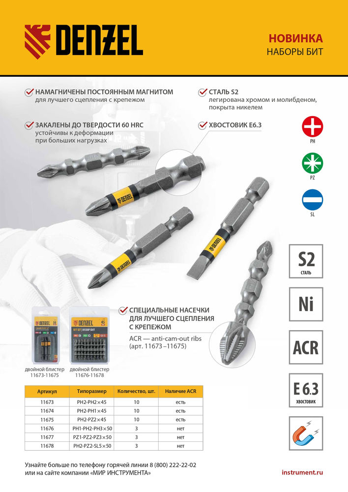 Набор бит комбинированный 3 шт., PZ1, PZ2, PZ3, 50 мм, сталь S2 Denzel (11677)