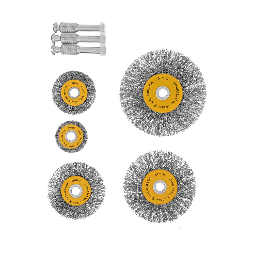 Набор щеток для дрели, 5 Плоских 25-38-50-63-75 мм, шпилька, нерж. вит. проволока Denzel (74495)