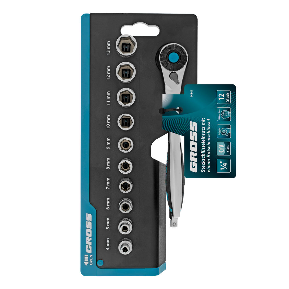 Набор торцевых головок, трещотка 120 зубьев, 1/4, CrV, 12 предметов Gross