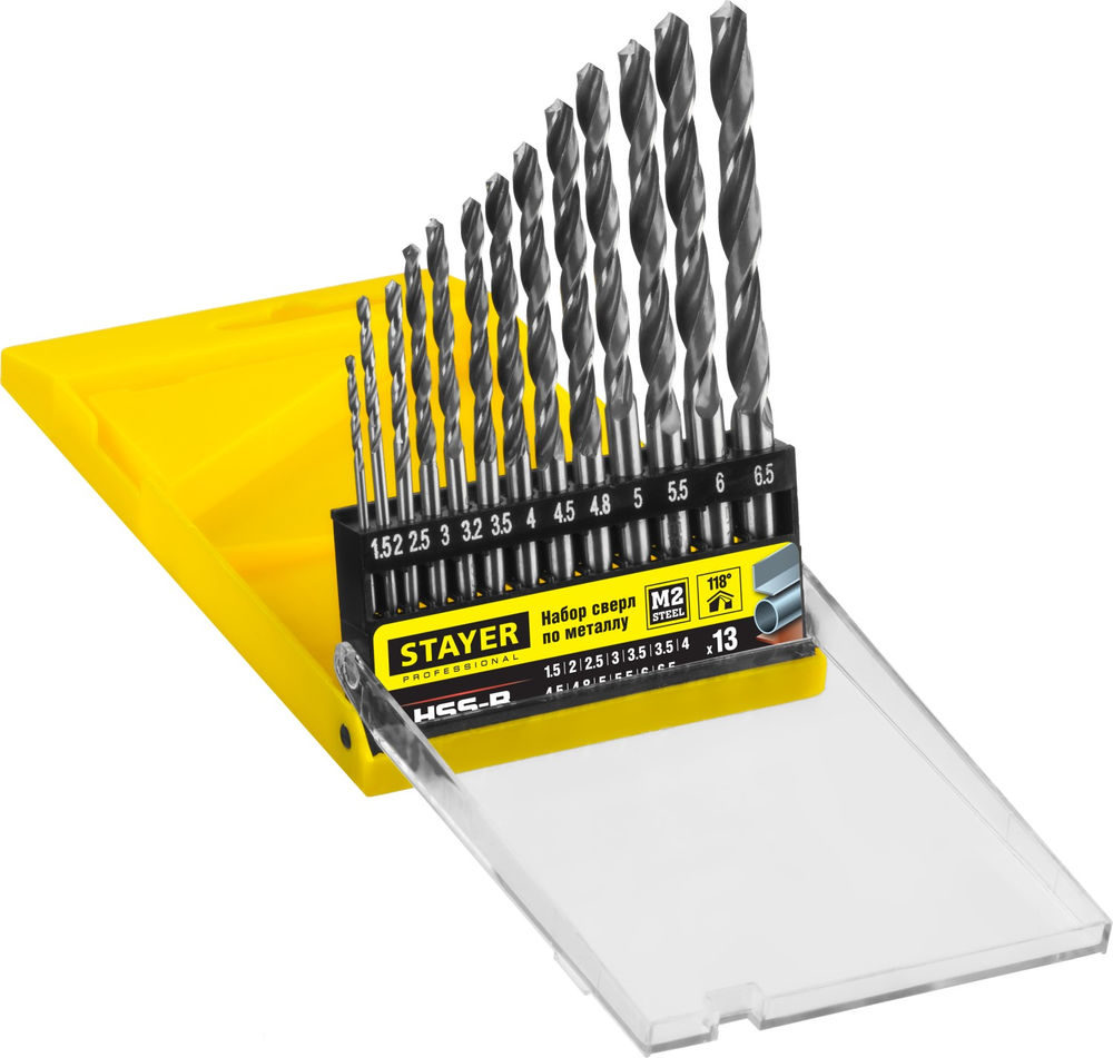 Набор сверл по металлу быстрорежущая сталь P6M5 класс В Professional HSS-R STAYER 13 шт (1.5-6.5 мм) 29602-H13_z01  