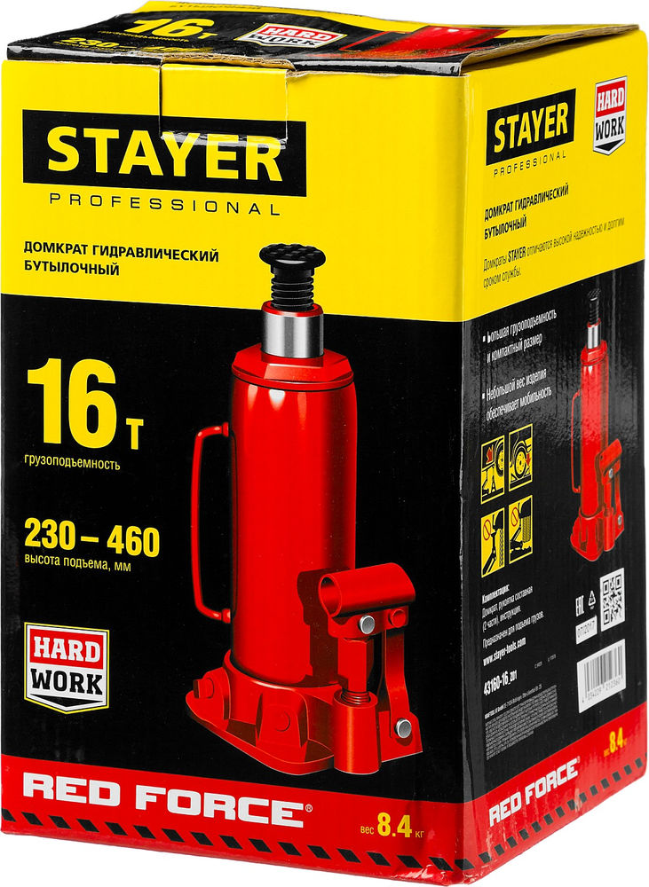 Домкрат бутылочный гидравлический 16 т, 230 - 460 мм RED FORCE Professional STAYER 43160-16