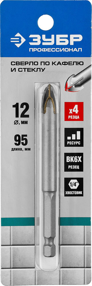 Сверло по стеклу и кафелю 12 мм, 4-х кромка, HEX 1/4 ЗУБР Профессионал 29845-12_z01