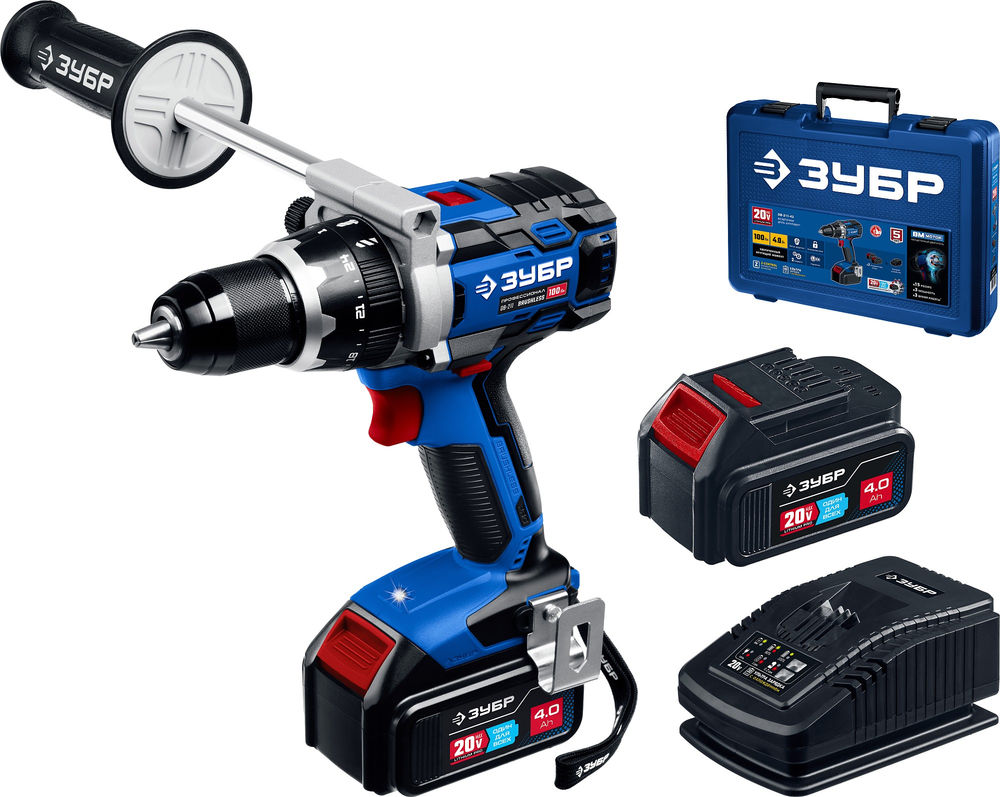 Бесщеточная дрель-шуруповерт 20 В 100 Н·м 2 АКБ 4 А·ч кейс Профессионал ЗУБР Т7 DB-211-42