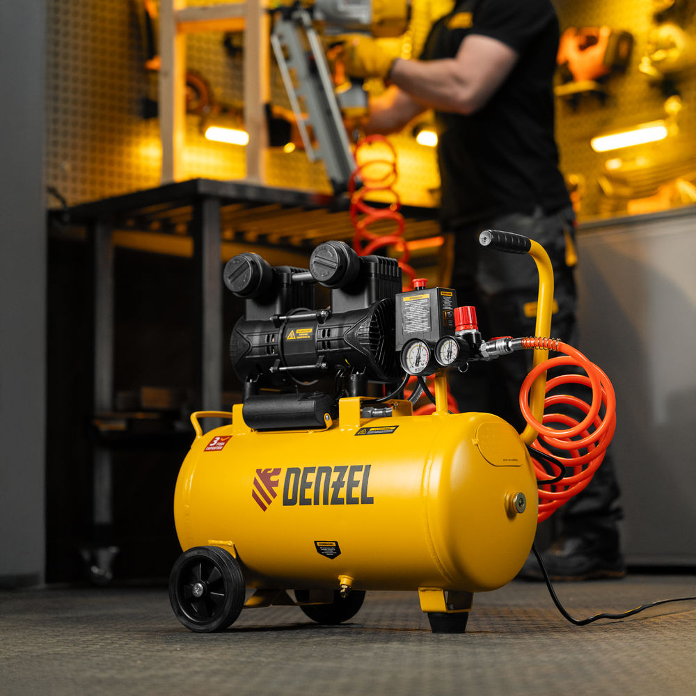Компрессор безмасл. малошумный DLP-950/24, 950Вт,24 л, 2850 об/мин, 170 л/мин Denzel (58142)
