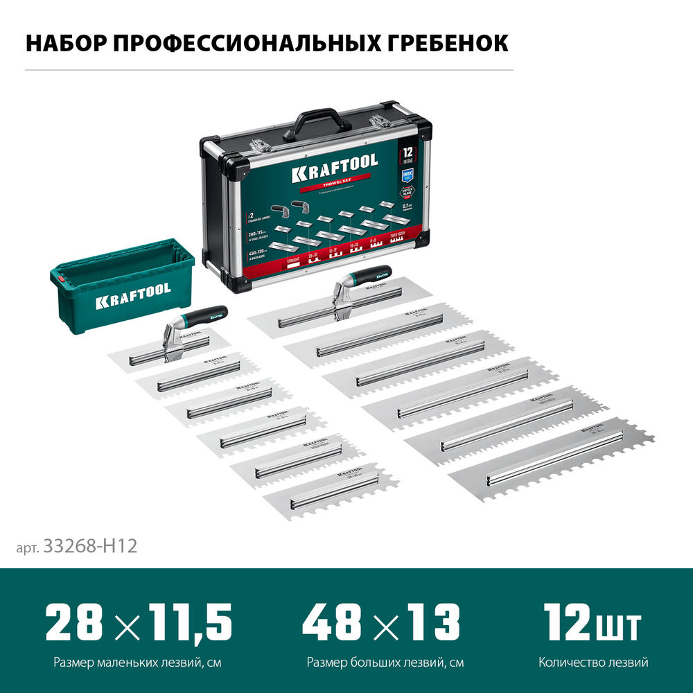 Набор нержавеющих гребенок со сменной 2к ручкой, в пластиковом кейсе, 280х115 мм (6шт) – 480х130 мм (6шт) KRAFTOOL 33268-H12