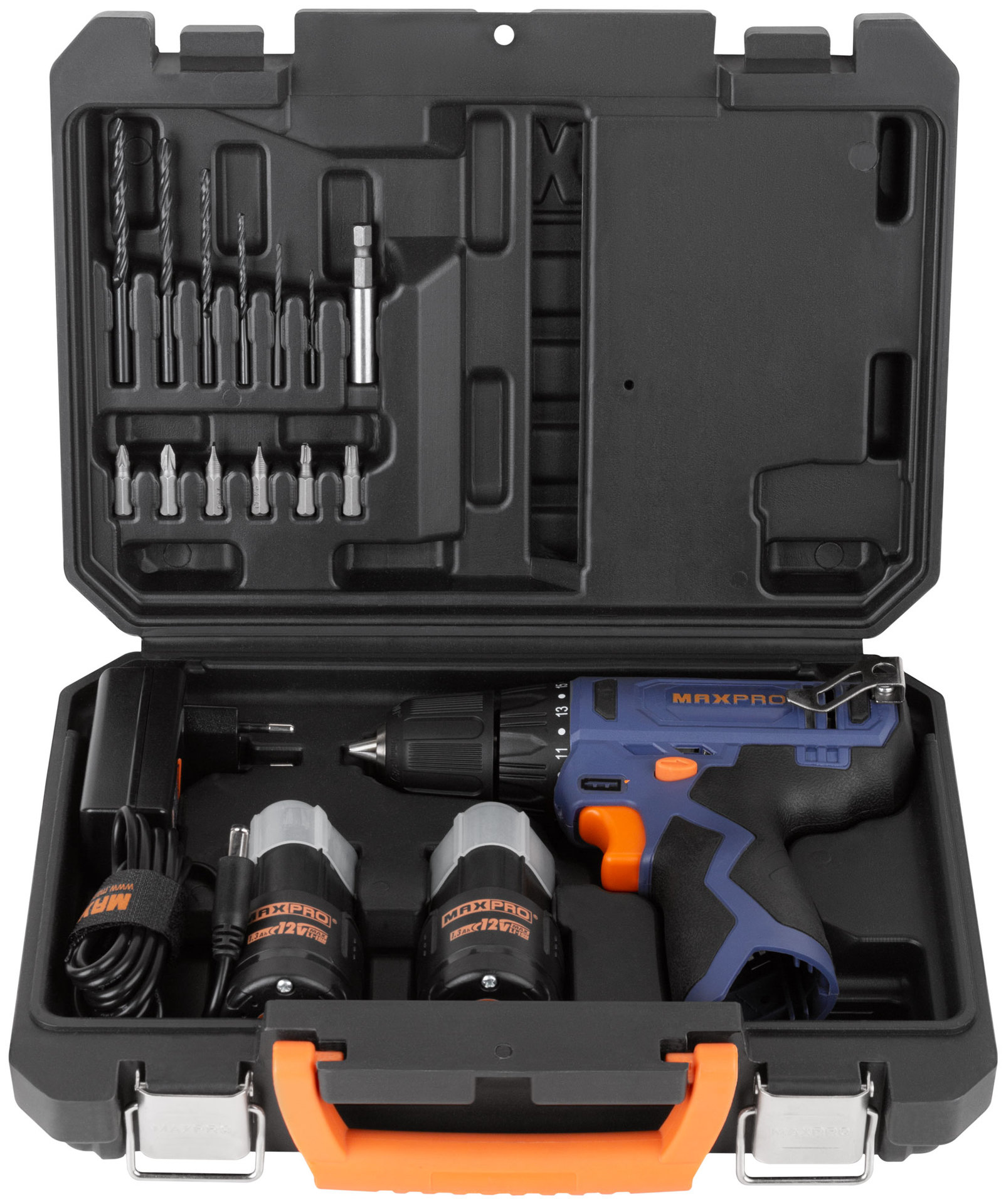 Дрель-Шуруповерт аккумуляторная 12 В; 0-350/0-1300 об/мин; 10 мм; 26 Нм; 2 батареи (Li-Ion) х1,3 Ач; 17+1; 1 ч.; регулировка оборотов MAX-PRO 85026