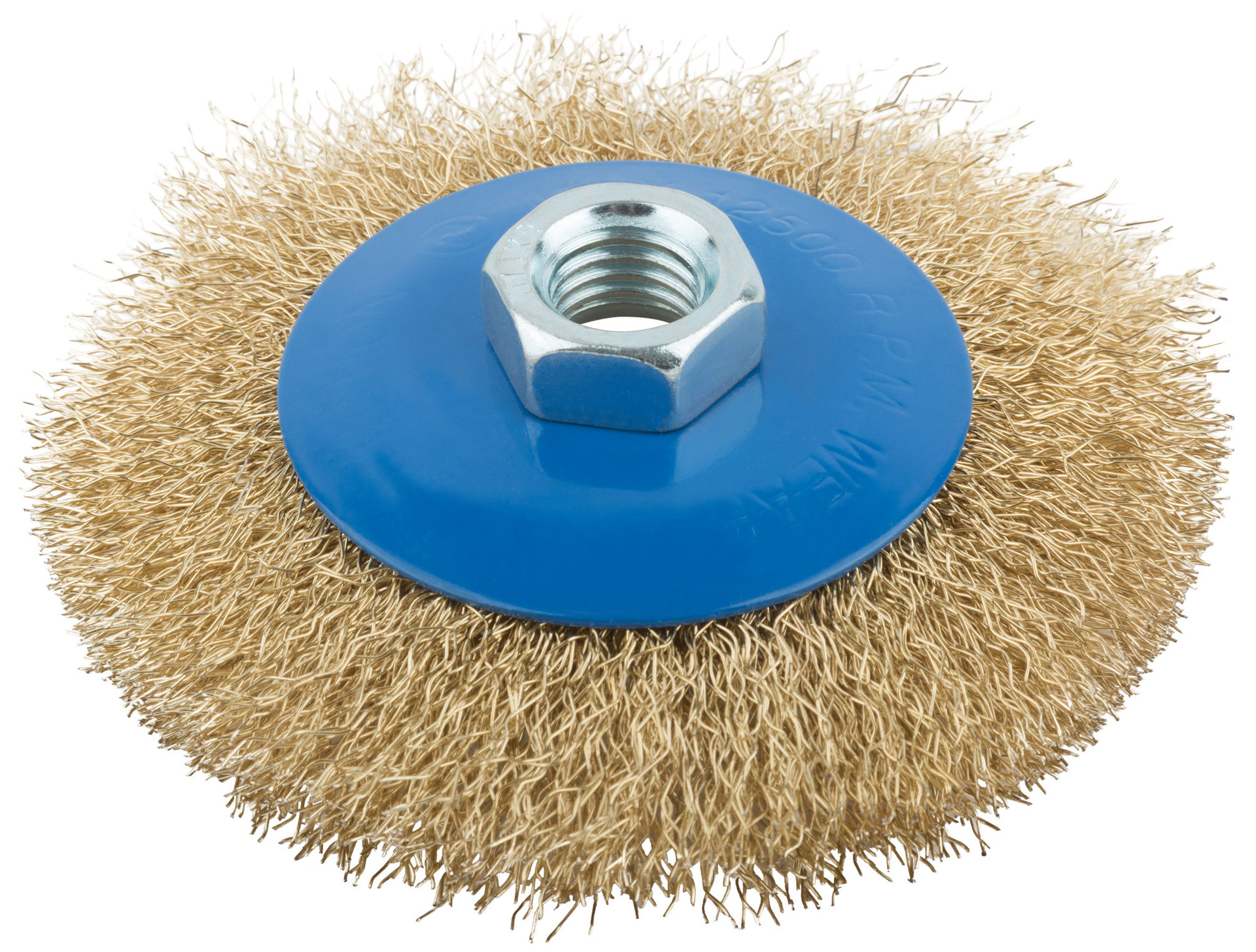 Корщетка, тип колесо с наклоном, гайка М14, стальная волнистая латунированная проволока 100 мм (38926М)