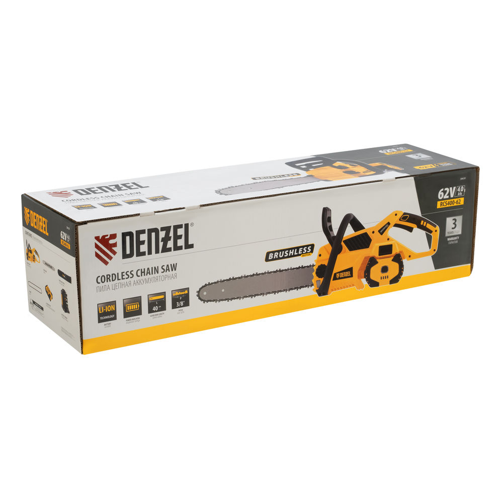 Пила цепная аккумуляторная бесщет., RCS 400-62, 400 мм, Li-ion, 62В Denzel (58620)