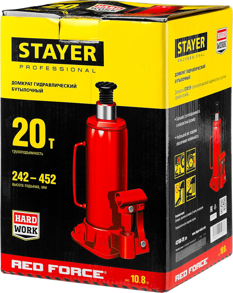 Домкрат бутылочный гидравлический 20 т, 242 - 452 мм RED FORCE Professional STAYER 43160-20