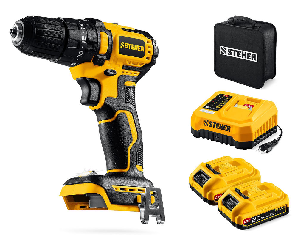 Дрель-шуруповерт ударная бесщеточная 20 В, 45 Н·м, 2 АКБ LMS (2 А·ч), сумка STEHER CBS-45-22