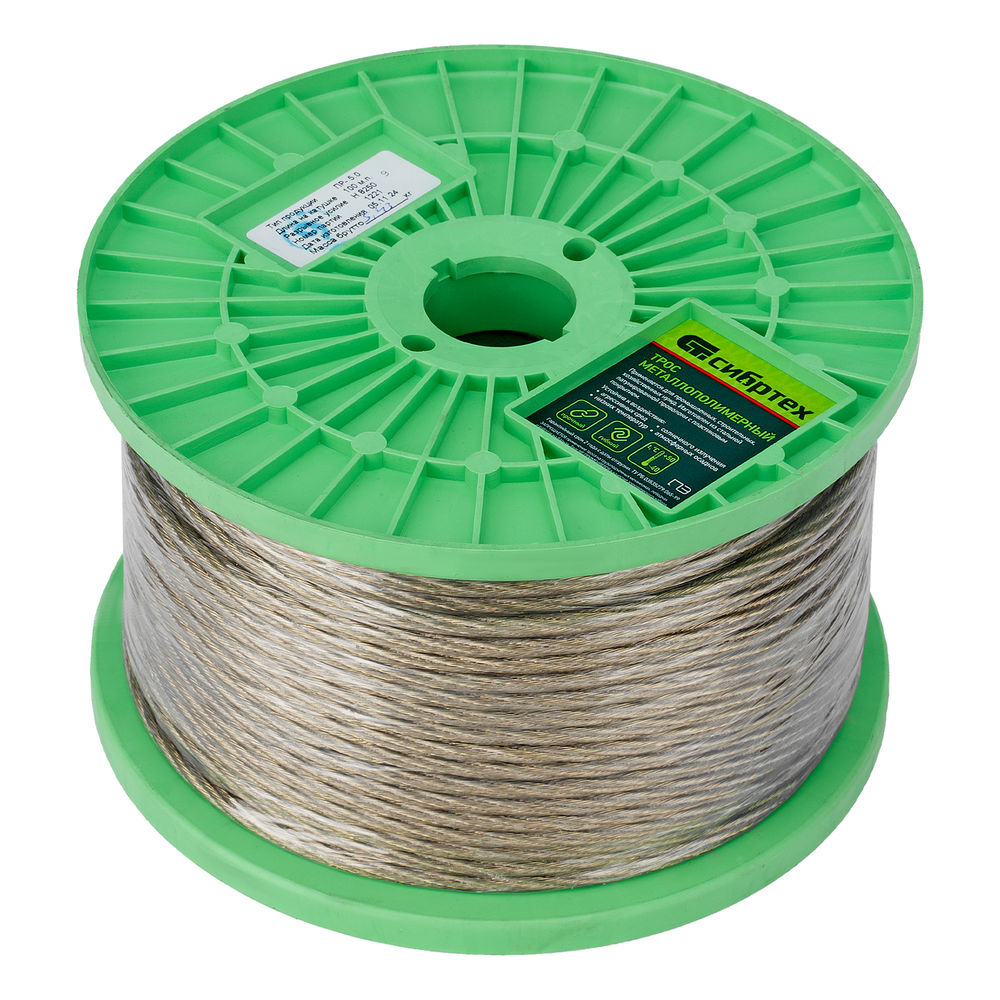 Трос металлополимерный прозрачный ПР-5.0, толщина 4.0 мм, катушка 100 метров Сибртех (47632)