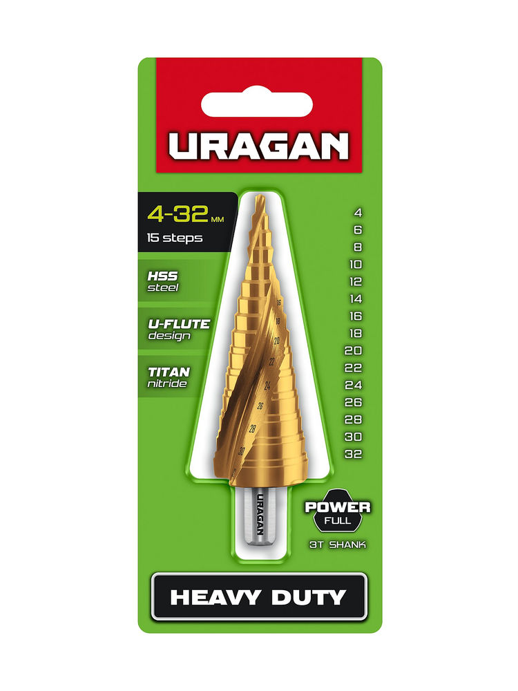 Сверло ступенчатое винтовая спираль URAGAN 4-32мм 15 ступеней 29658-4-32-15  