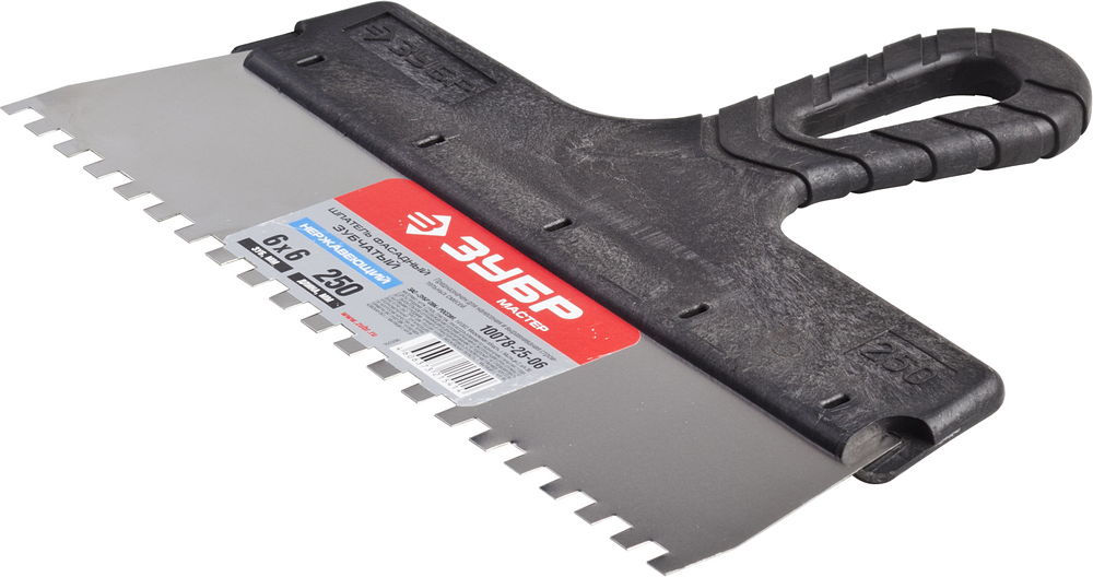 Шпатель фасадный нержавеющий 250 мм зуб 6?6 мм пластиковая ручка ЗУБР 10078-25-06