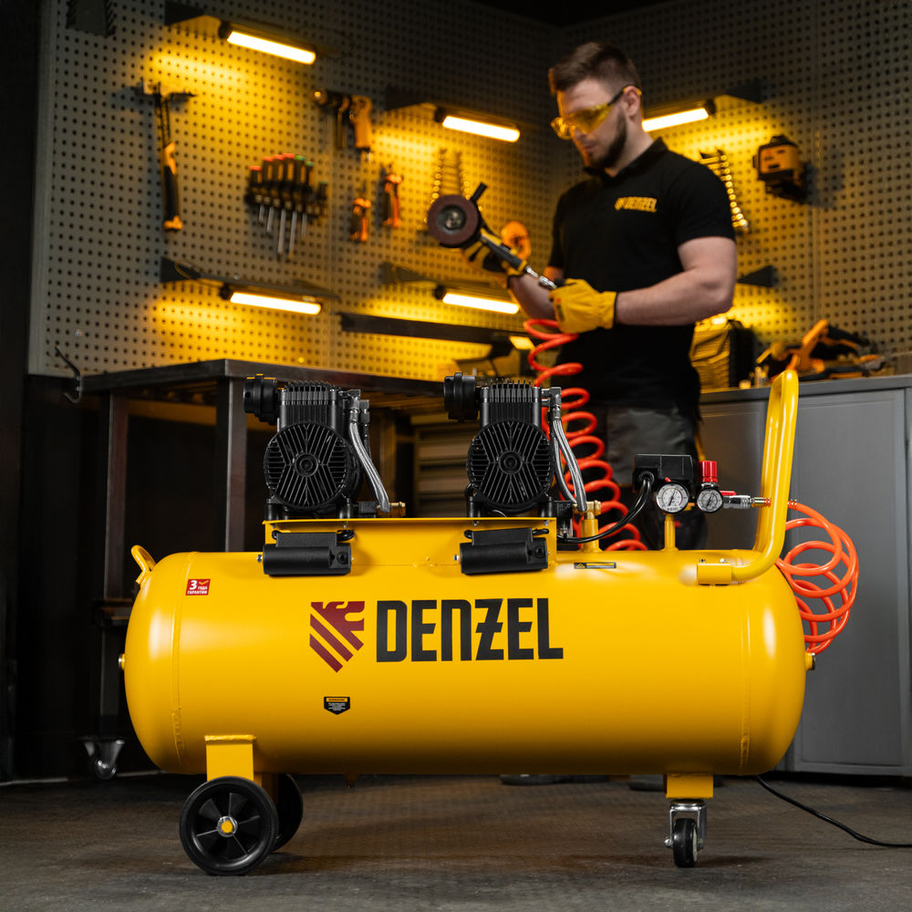 Компрессор безмасл. малошумный DLP-3000/100, 3 кВт, 2х1,5 кВт,100 л, 2850 об/мин,500 л/мин Denzel (58145)