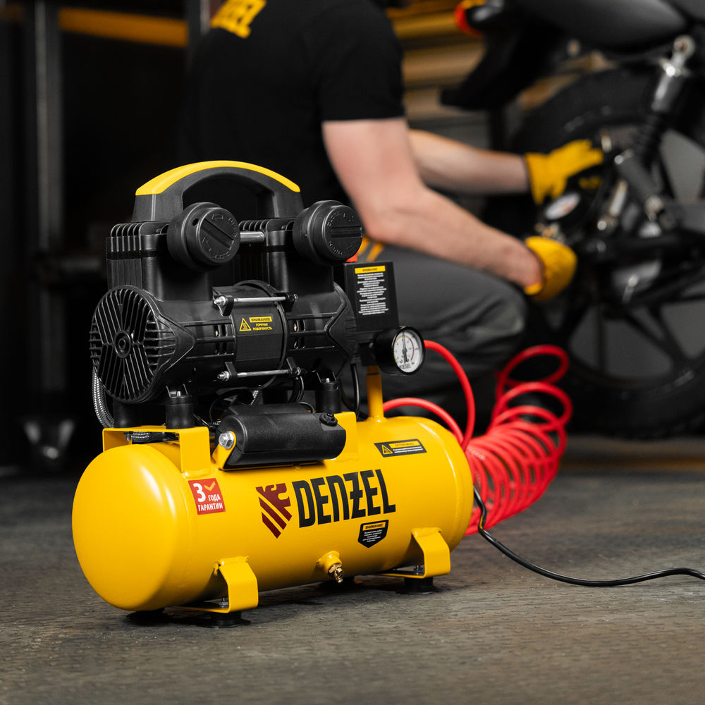 Компрессор безмасл. малошумный DLP-950/10, 950Вт,10 л, 2850 об/мин, 170 л/мин Denzel (58141)