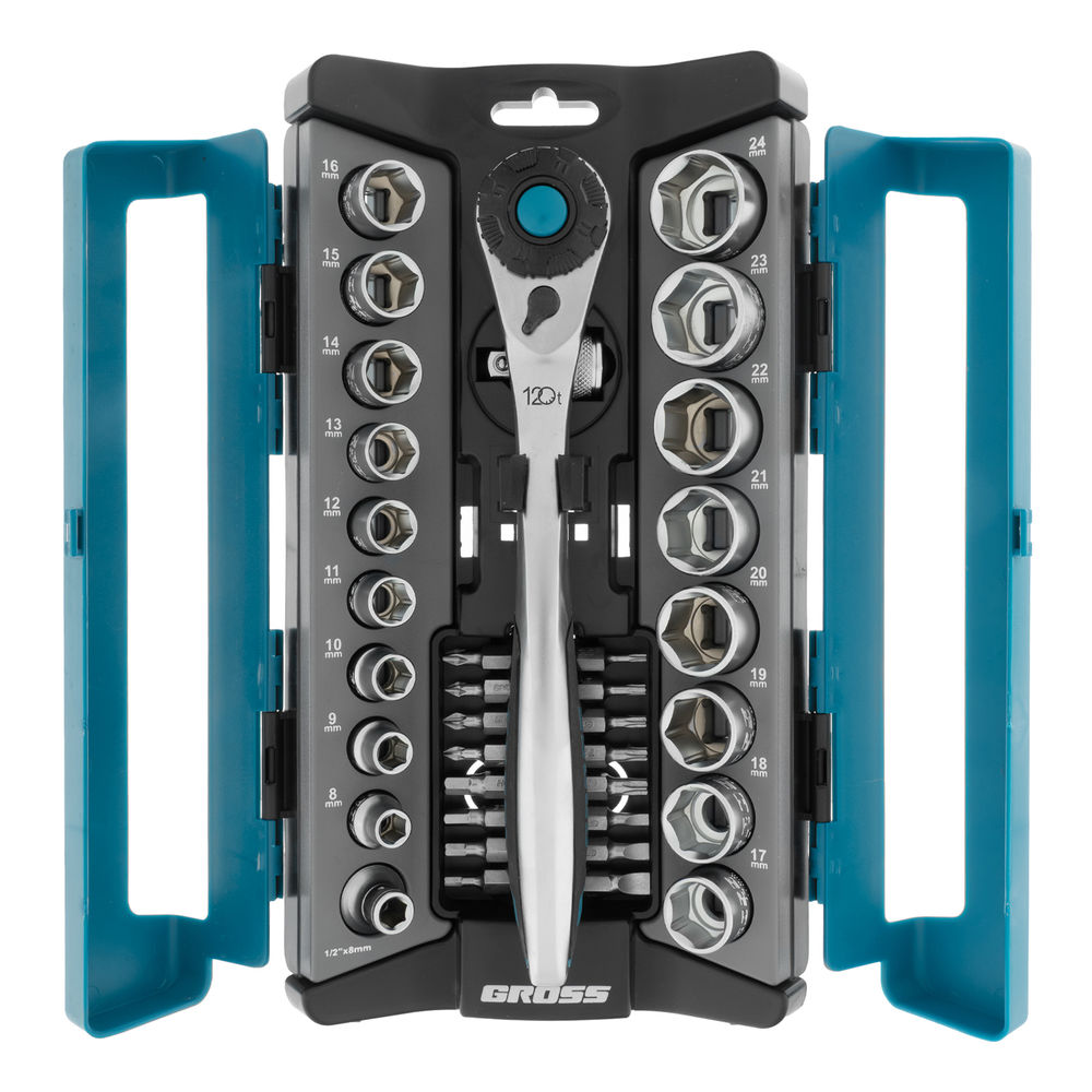 Набор торцевых головок, трещотка 120 зубьев, 1/2,3/8”, CrV, 36 предметов Gross