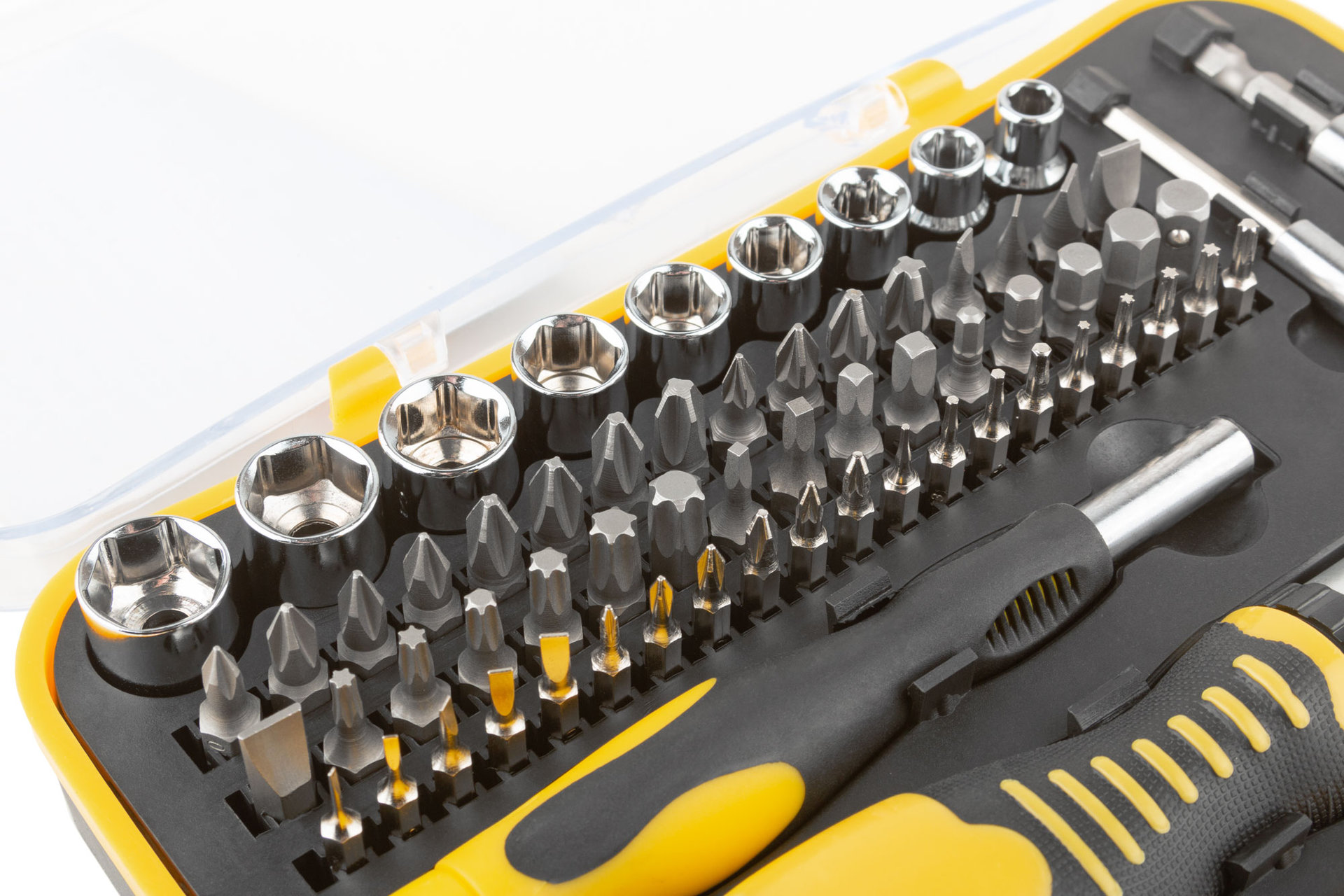 Отвертки реверсивная и для точных работ, набор 65 шт., пластиковый прорезиненный кейс (56387)