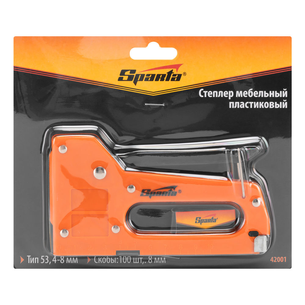 Степлер мебельный пластиковый, со скобами 100 шт, тип скобы 53, 4-8 мм Sparta (42001)