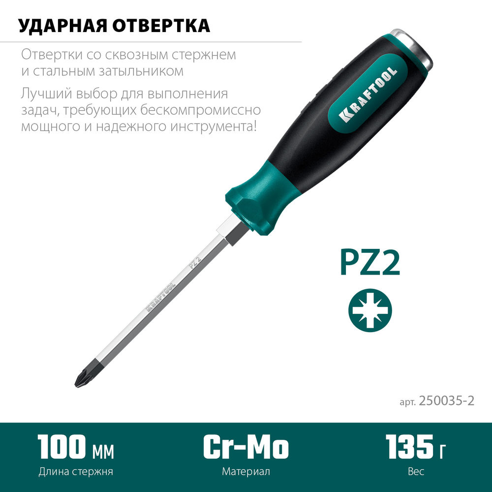 Отвертка ударная PZ 2, сквозной стержень Cr-Mo IMPACT KRAFTOOL 250035-2