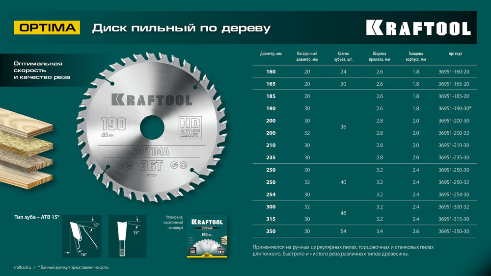 Пильный диск по дереву Optima, 350 х 30 мм, 54Т KRAFTOOL 36951-350-30