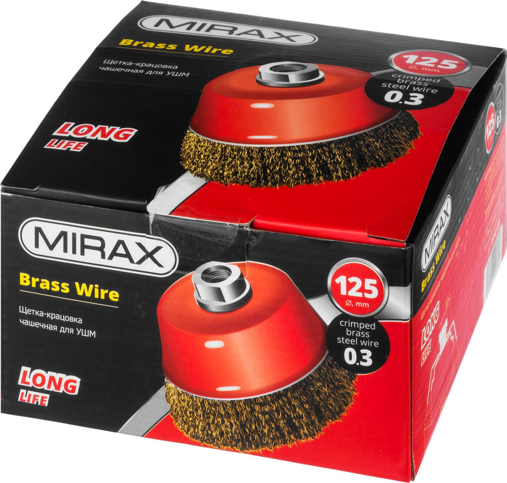 Чашечная щетка-крацовка для УШМ 125 мм, витая стальная латунированная проволока 0.3 мм MIRAX 35142-125