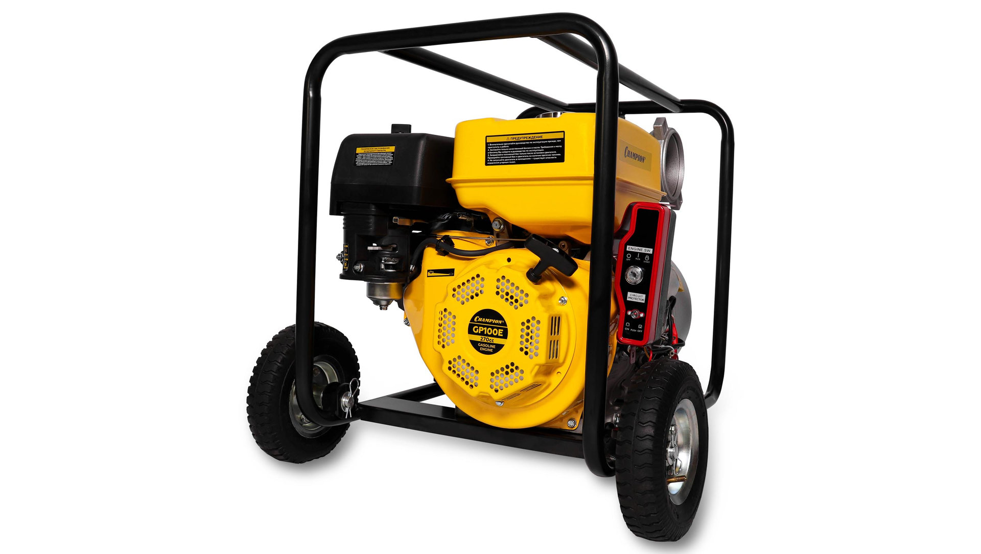 Мотопомпа CHAMPION GP100E (PRO, 4 1800л/мин 6/30 9лс 6,5л 50,1кг эл.стартер, колеса) (GP100E)