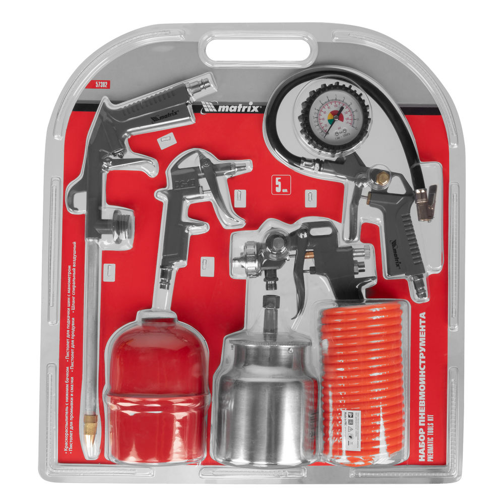 Набор пневмоинструмента, 5 предметов, быстросъемное соединение, краскораспылитель с нижним бачком Matrix (57302)