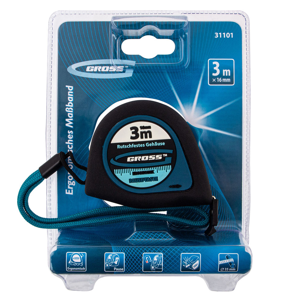 Рулетка Ergonomisch,3 м x 16 мм,магнитный обрезиненный зацеп Gross