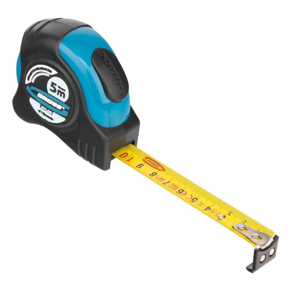 Рулетка Schlagfest,5 м x 19 мм,магнитный обрезиненный зацеп,двусторонняя шкала,Нейлоновое покрытие,автоматическая фиксация Gross