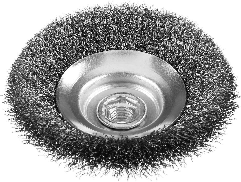 Щетка-крацовка коническая для УШМ 100 мм, витая стальная латунированная проволока 0.3 мм ЗУБР Профессионал 35265-100_z02
