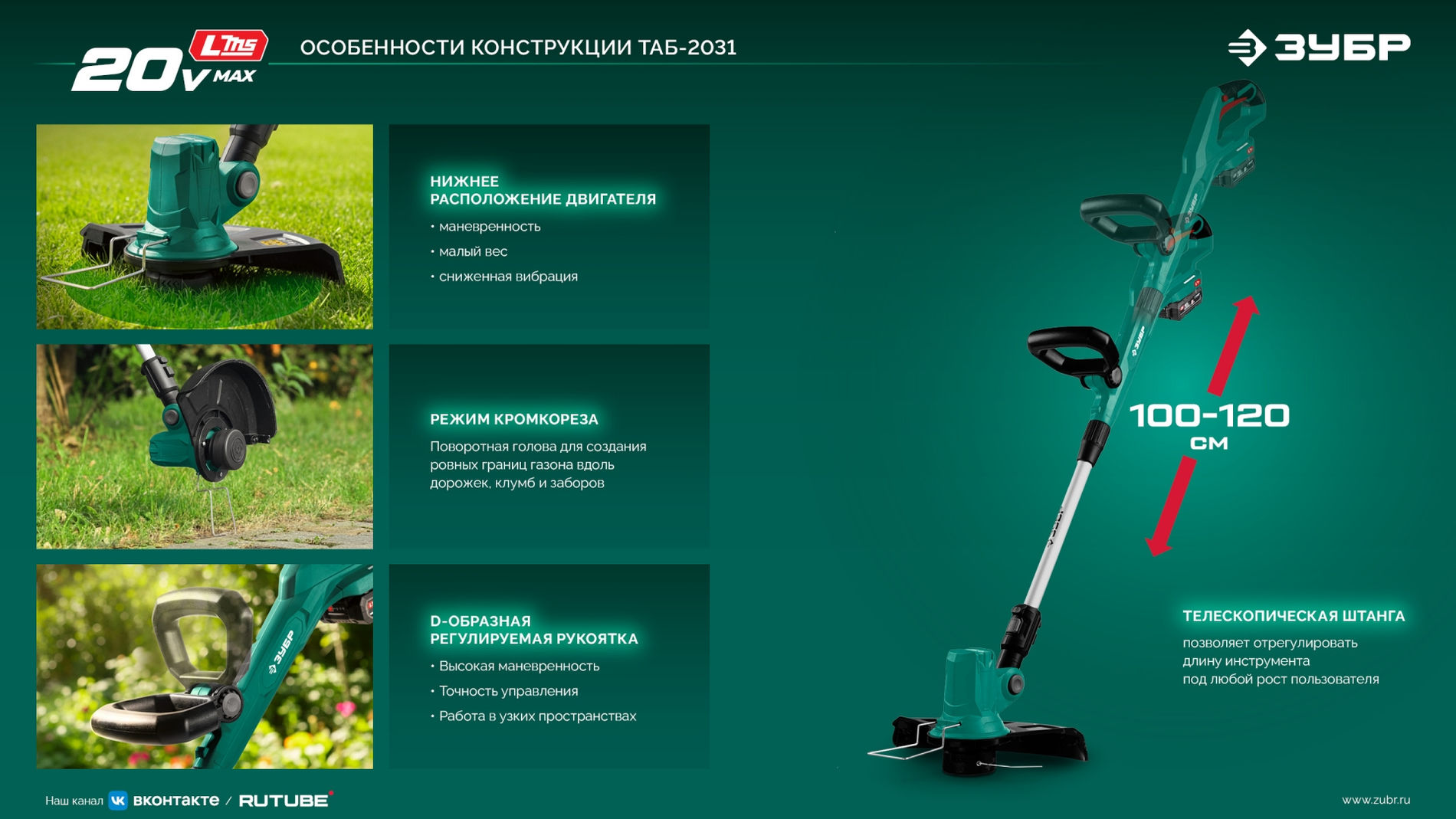 ЗУБР 20 В, 310 мм, без АКБ (LMS), триммер аккумуляторный бесщеточный (ТАБ-2031)