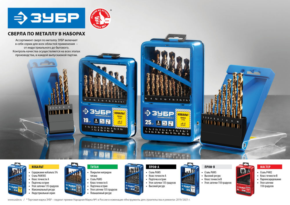 Набор сверл по металлу в мет. боксе 1-10 мм 19 шт сталь Р6М5 класс В ЗУБР ПРОФ-В Профессионал 29621-H19