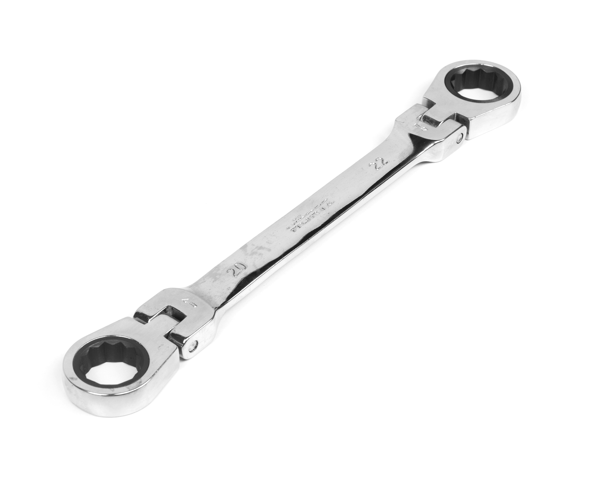 Ключ накидной двусторонний 20х22 мм трещоточный шарнирный хром HORTZ