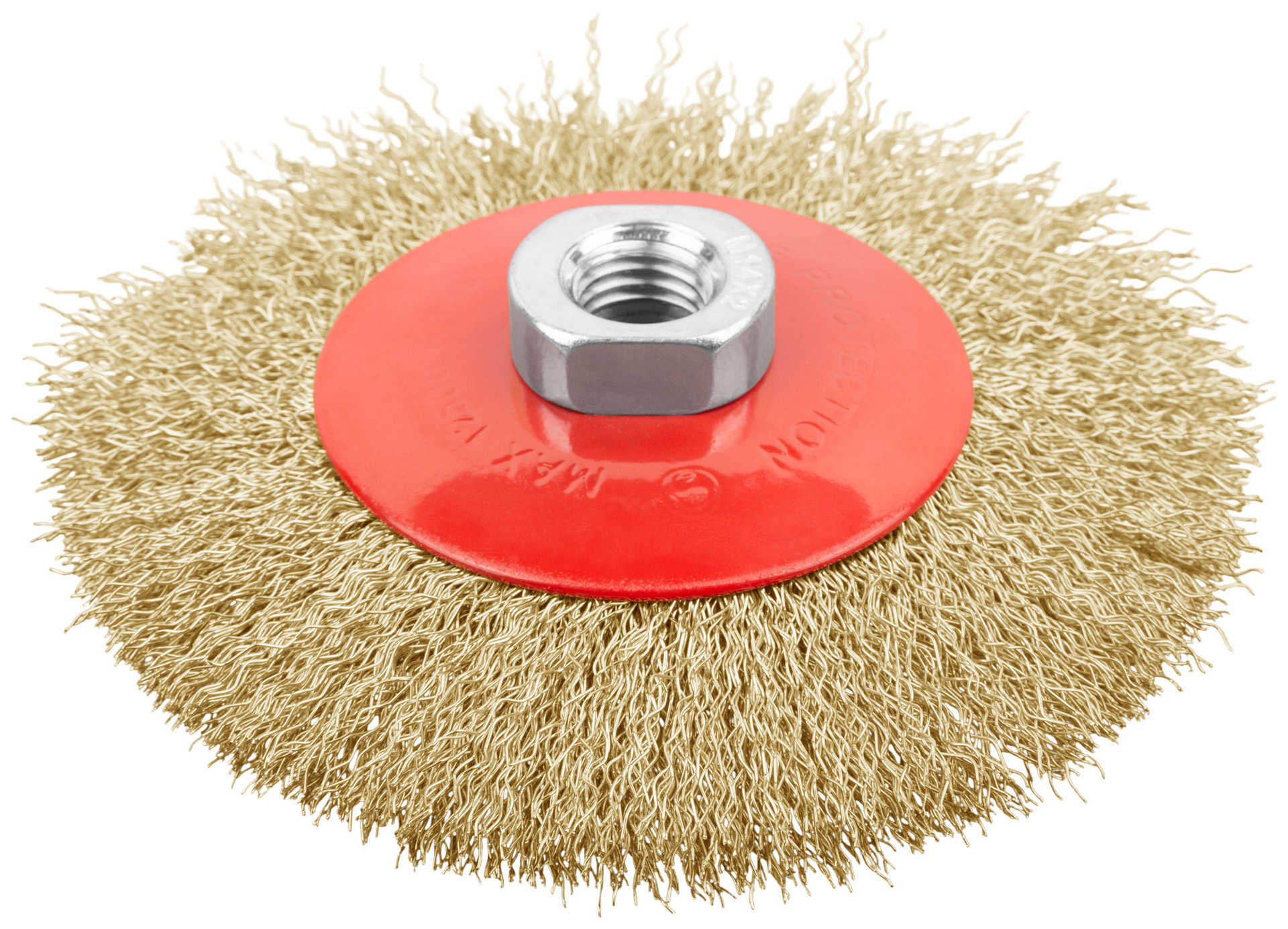 Корщетка-колесо с наклоном, гайка М14, стальная латунированная волнистая проволока 115 мм (39051)