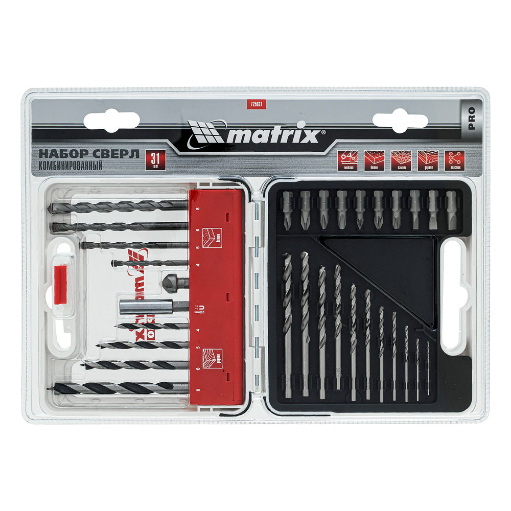 Набор сверл комбинированный, сверла по металлу 1-6 мм, бетону 4-8 мм, дереву 4-8 мм, биты 10 шт, адаптер, зенковка, 31 предмет Pro Matrix (725631)
