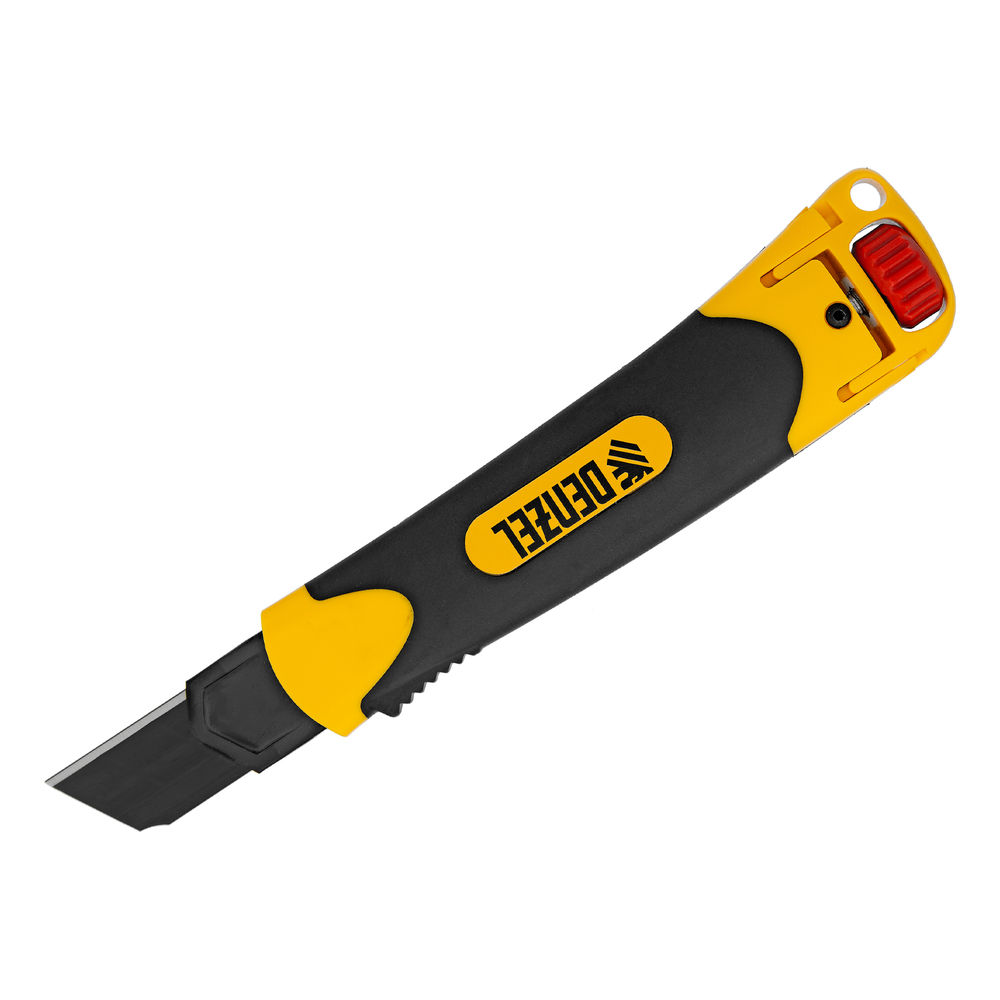 Нож, 25 мм, сменное лезвие, SK4, корпус из ABS + TPR, торцевой зажим Denzel (78908)