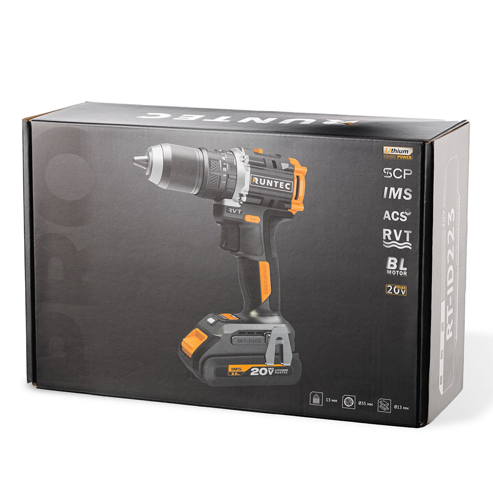 Дрель-шуруповерт ударная аккумуляторная PRO 13 мм, 20В, 2*2Ач, 60Нм RUNTEC RT-ID223