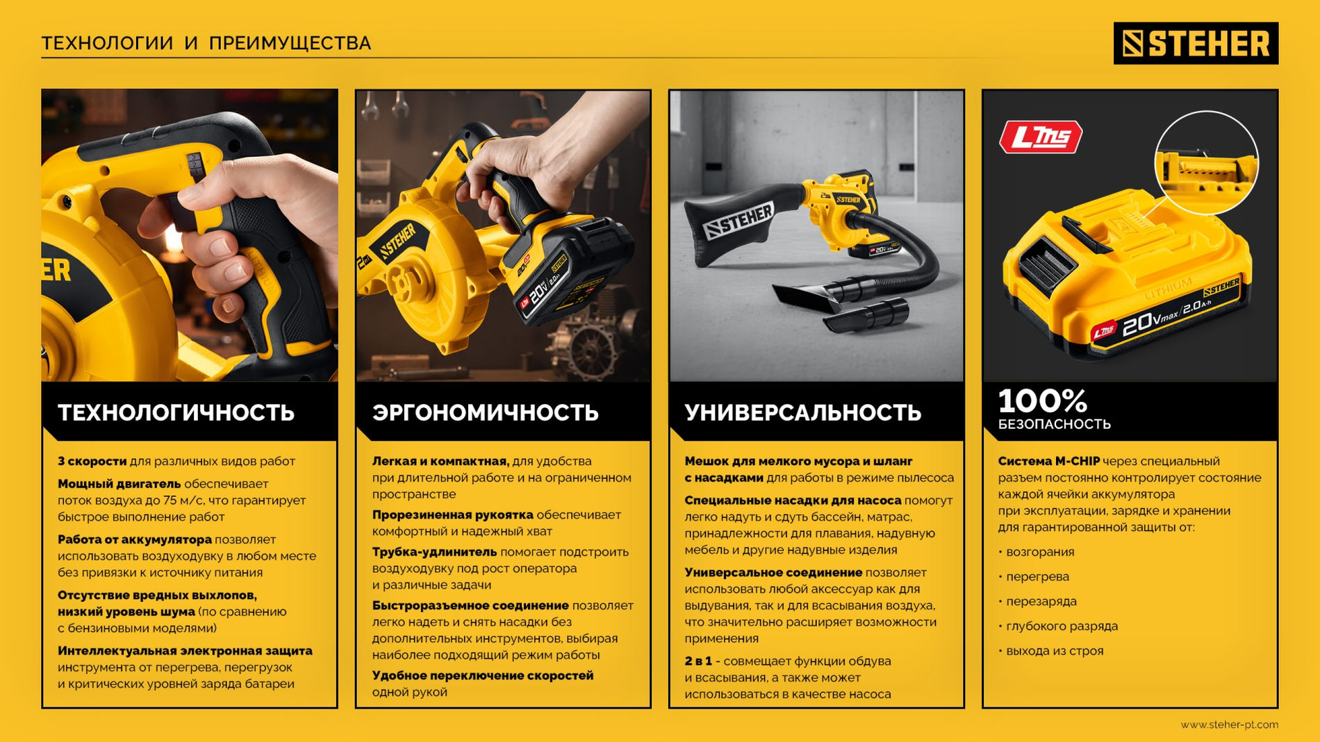 STEHER 20 В, 200 м3/ч, без АКБ (LMS), воздуходувка-пылесос аккумуляторная (BLB-200)