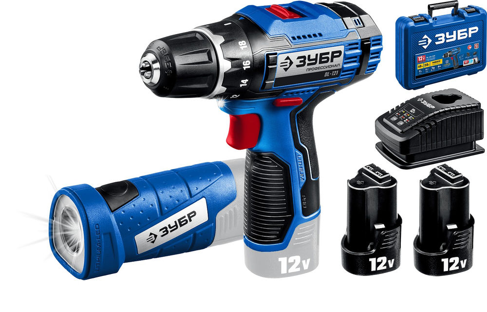 Дрель-шуруповерт 12 В 40 Н·м 2 АКБ тип Т7 2 А·ч + LED фонарь кейс Профессионал ЗУБР DL-121-22F