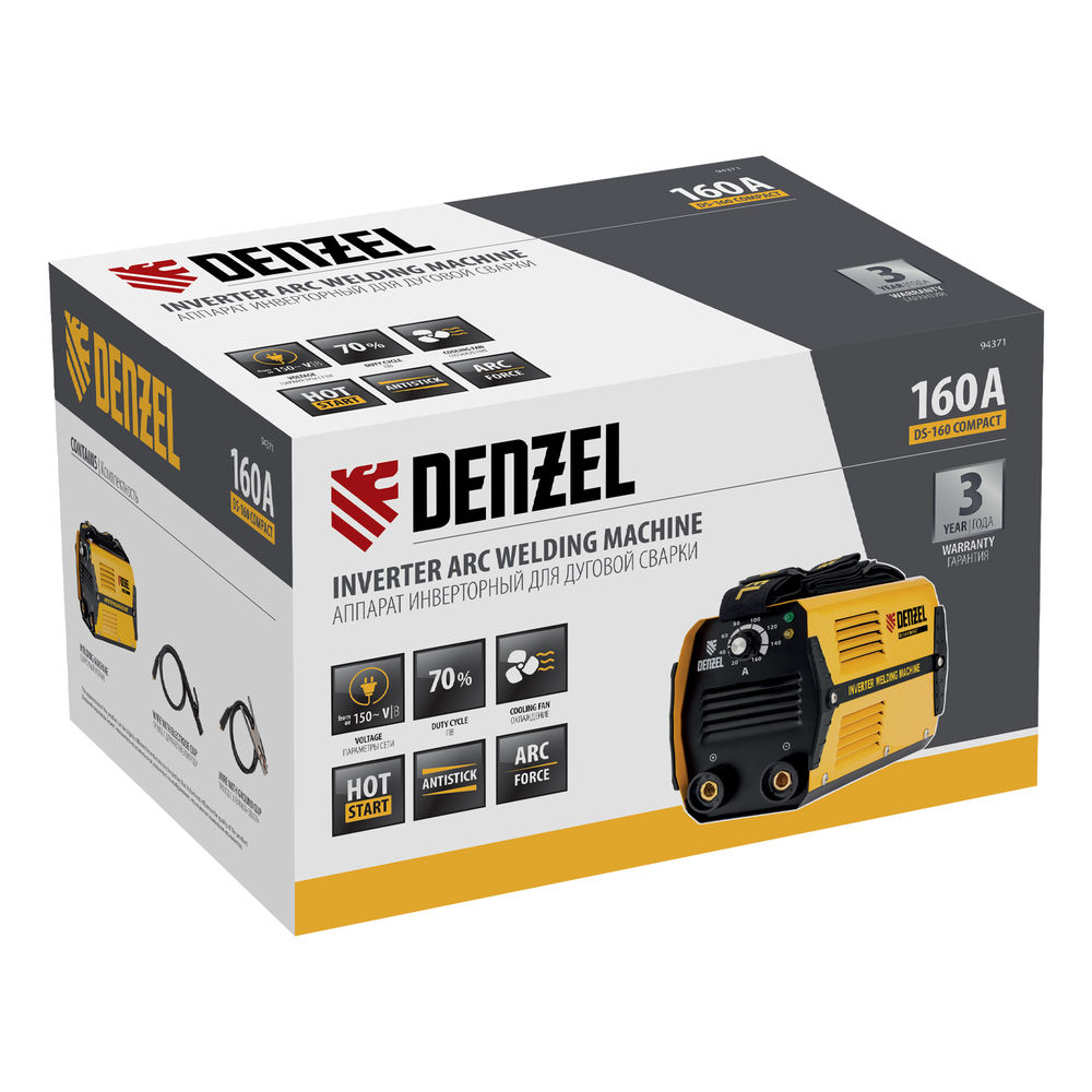 Аппарат инверторный дуговой сварки DS-160 Compact, 160 А, ПВ 70%, диаметр электрода 1.6-3.2 мм Denzel (94371)