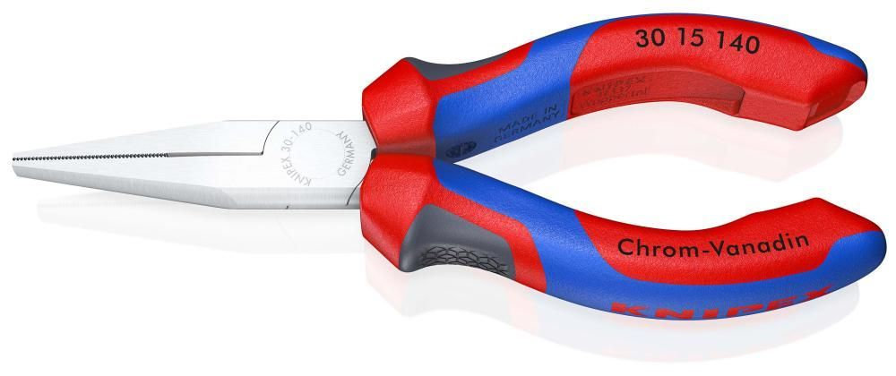 Длинногубцы, плоские рифлённые губки 42 мм, длина 140 мм, хром, 2-комп ручки (KN-3015140)