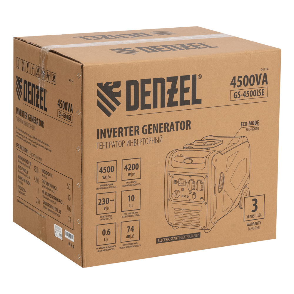 Генератор инверторный GS-4500iSE, 4,5 кВт, 230 В, закрытый корпус, электростартер DENZEL (94714)