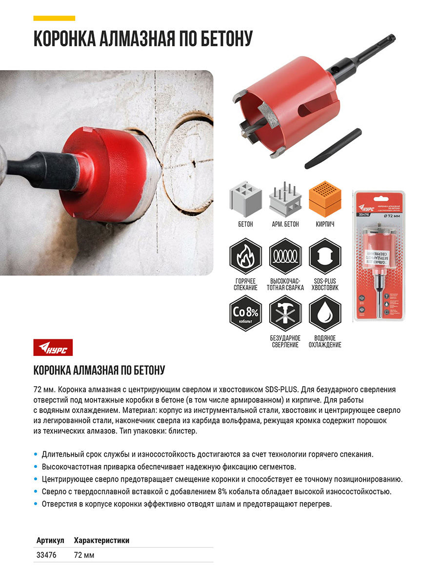 Коронка кольцевая по бетону алмазная безударная в сборе 72 мм (33476)