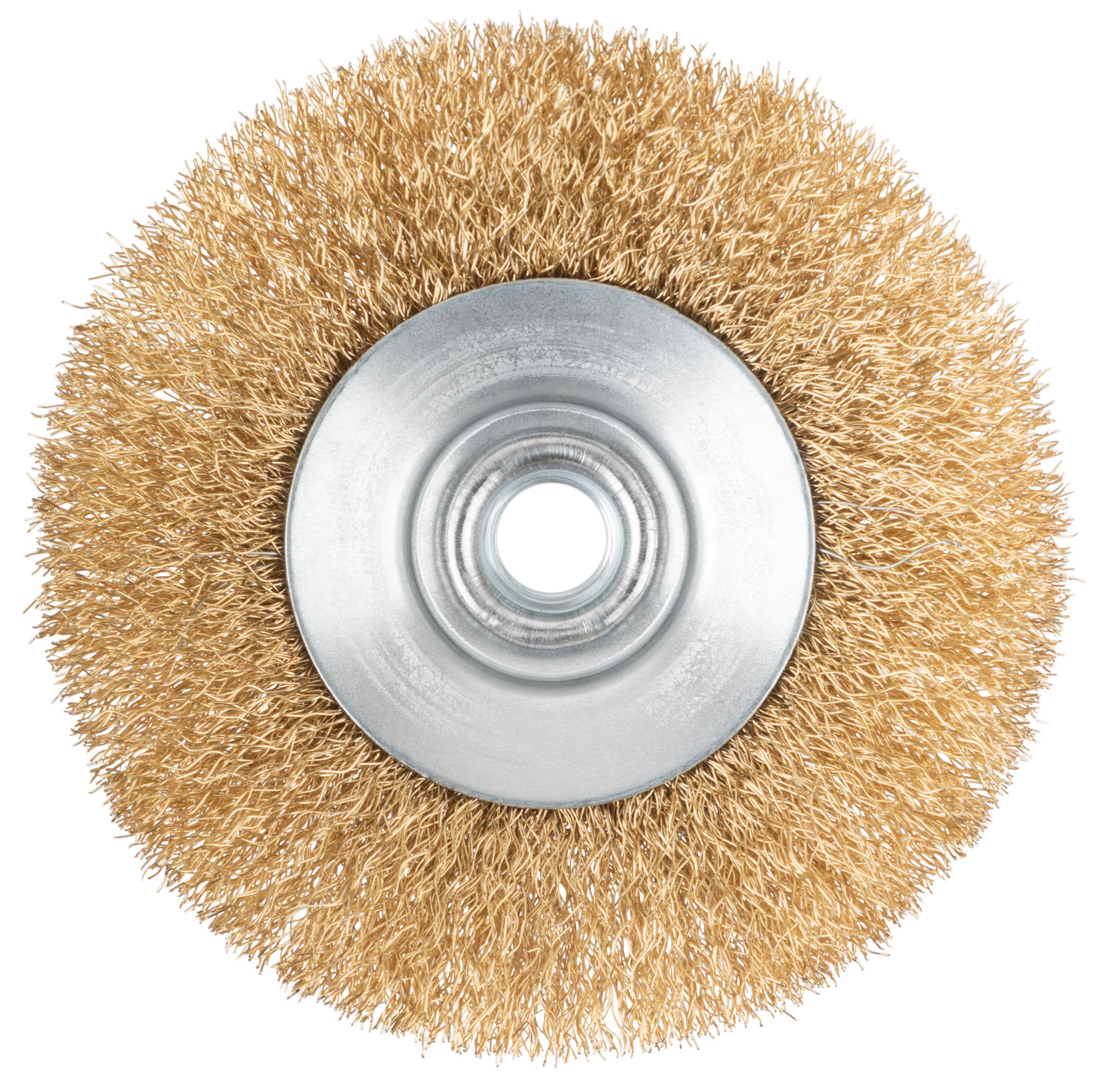 Корщетка-колесо с наклоном, гайка М14, стальная волнистая латунированная проволока 115 мм (39022)