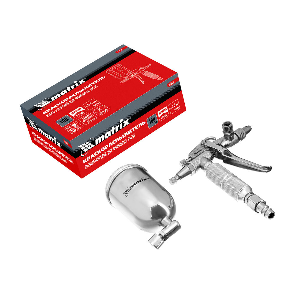 Краскораспылитель пневматический для финишных работ с верхним бачком V 0,1 л, сопло D 0.5 мм Matrix (57318)