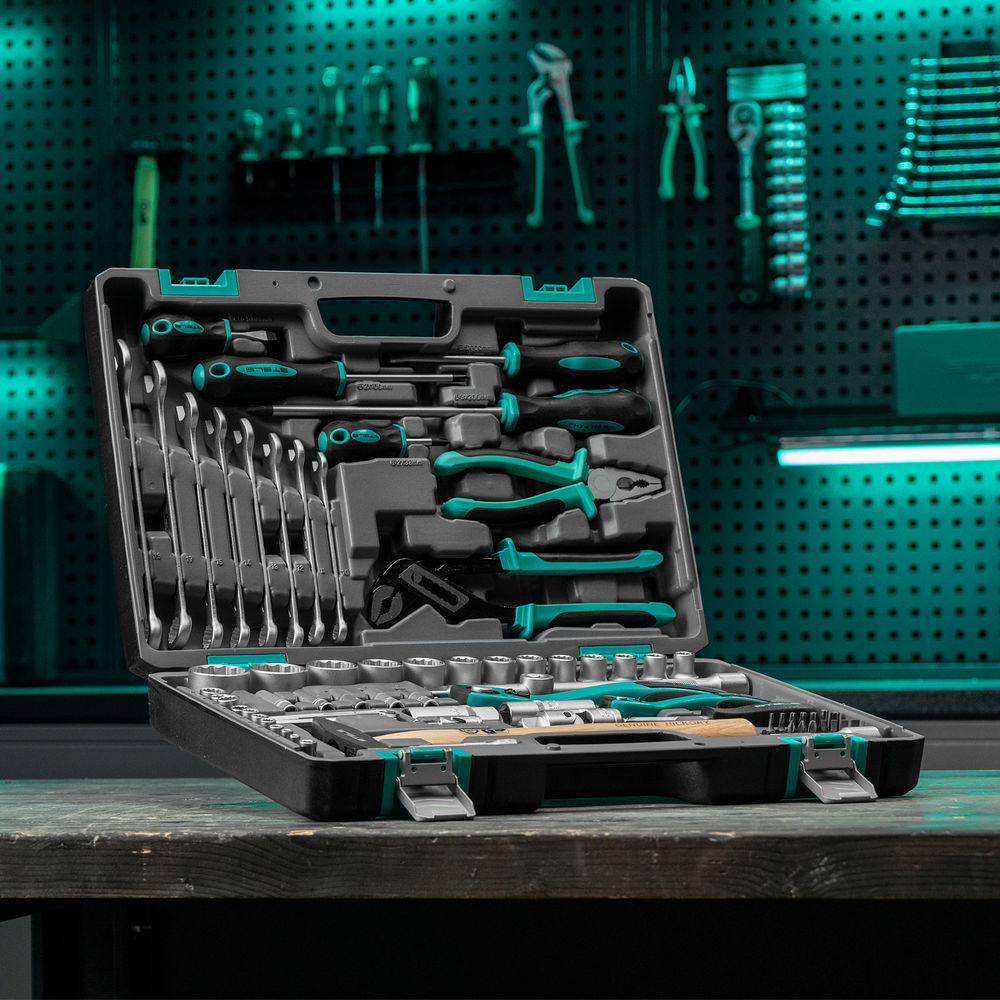 Набор инструментов, 1/2, 1/4, CrV, 12 гранные головки, пластиковый кейс, 76 предметов Stels